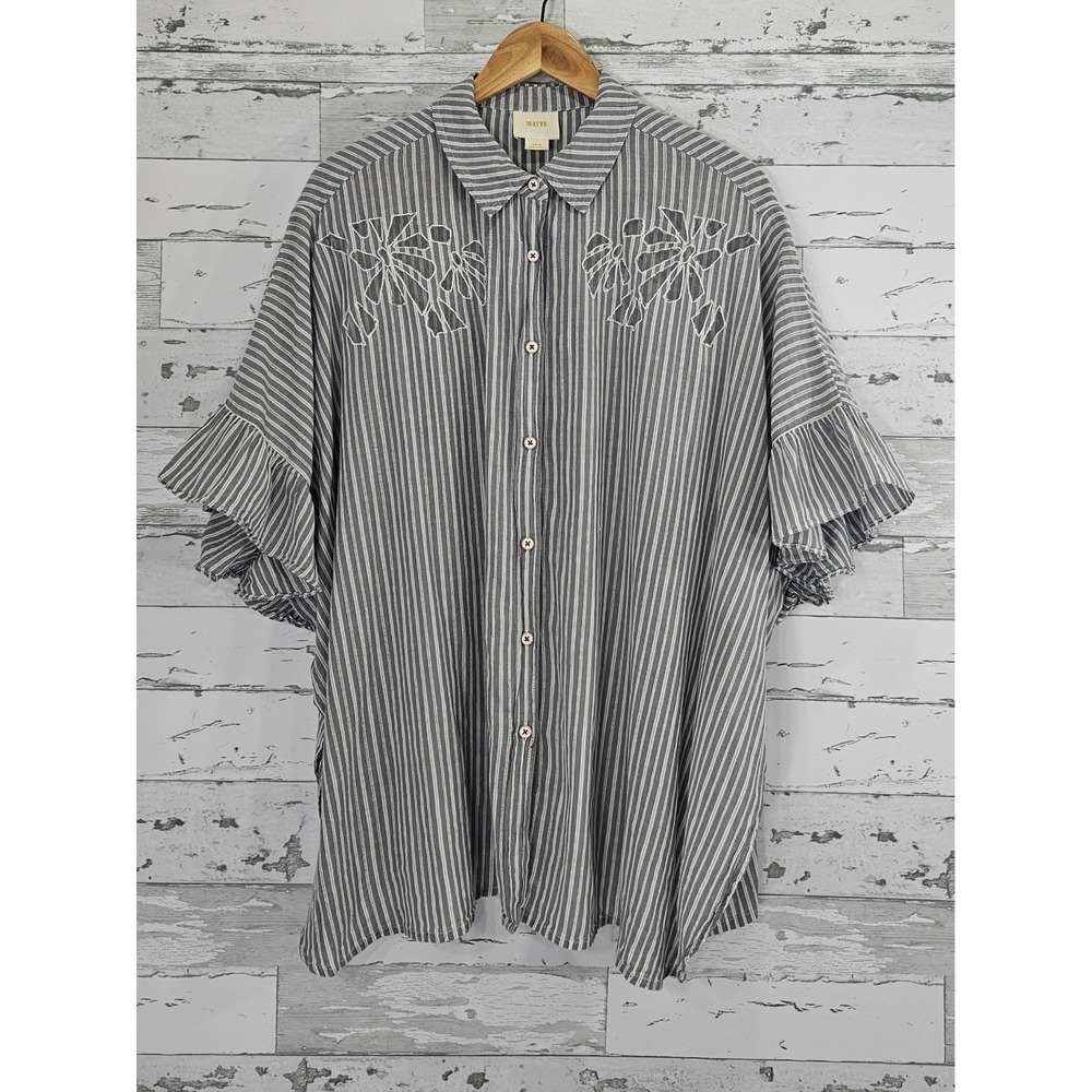 Maeve Anthropologie Striped Embroidered Ruffle Sleeve Button Down Shirt XS/S